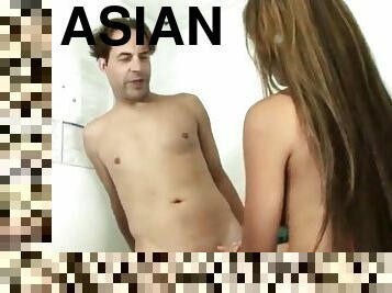 Asian babe gives rough handie in femdom scene