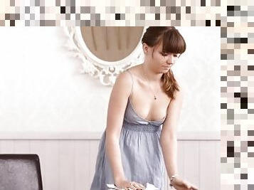 Spy On Cute Brunette Cleaning As Her Juicy Tits Fall Out Of Dress