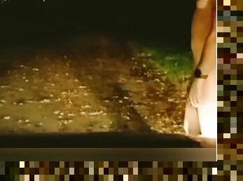 Naked at side of road dodging cars