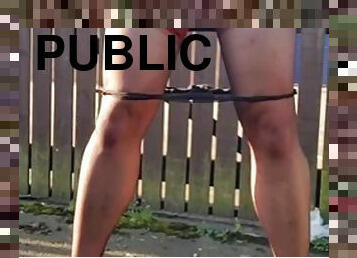 CD slut in thigh highs cums hard in public