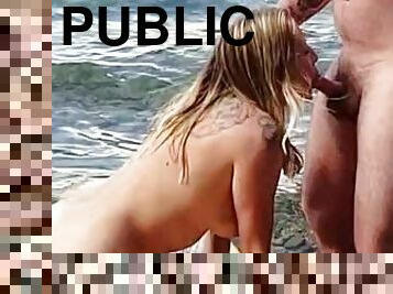 Sexy blonde public lakeside blowjob on paddleboard with thick facial