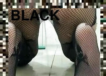 Sexy slut peeing desperately in black pantyhose. ???? doggy style .