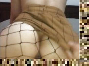 Horny Asian Slut in Short Skirt and FIshnet Stockings POV