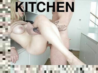 My roommate fucks me hard in the kitchen and cums on big tits