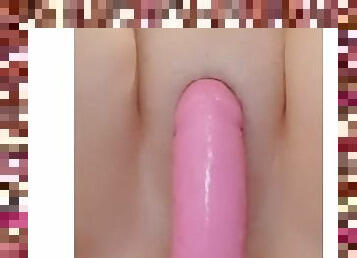 Bouncing and rubbing my pretty pussy all over big pink dildo
