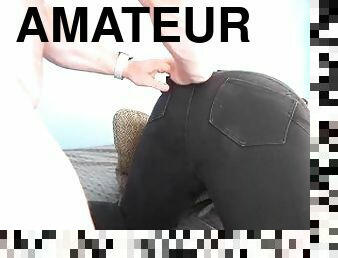 cul, énorme, amateur, joufflue, ejaculation, chevauchement, jeans, blanc