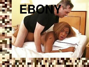 Ebony Babe Rides White Cock.