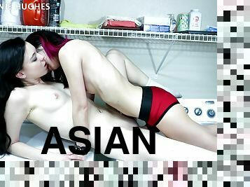 asiatique, maigre, gode-ceinture, lesbienne, ados, jouet, brunette