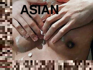 asia, puting-payudara, homo, handjob-seks-dengan-tangan-wanita-pada-penis-laki-laki, pijat, pasangan, sperma, berotot