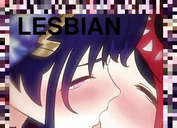 lesbians kissing while giving boobjob