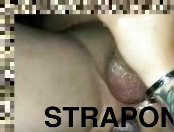 Hubby rides my strapon with huge cumshot