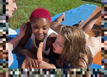 Teen horny lezzies group outdoor sex scene