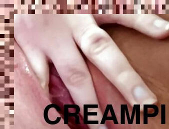 Cream pie pouring out of pink little pussy