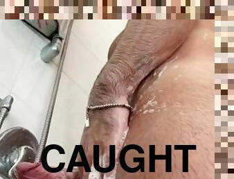 Straight daddy caught jerking off in the shower