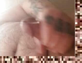 Chubby bear jerks and cums in shower