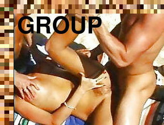 orgie, en-plein-air, vintage, sexe-de-groupe, plage, rétro, trio, bikini