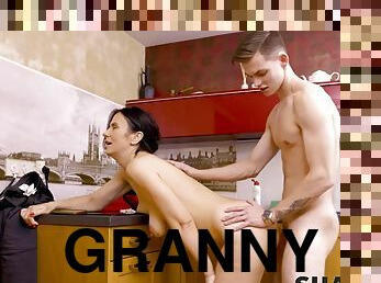 SHAME4K. Brunette granny solves her problem by having sex with a boy