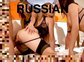 Russian Bunch Of Horny Girls In Stockings Are Involved In Group Sex