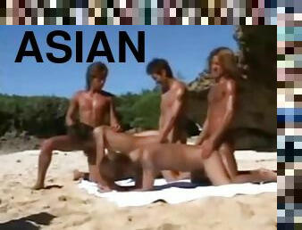asiatique, en-plein-air, anal, sexe-de-groupe, plage, horny