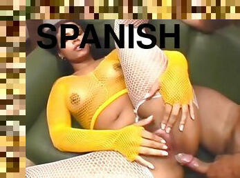 Spanish whore in fishnet loves cock up her ass