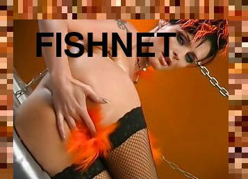 Beauty in fishnets touching her moist pussy - Pleasure Photorama