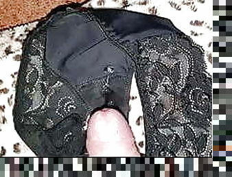 My mommy&#039;s black lace thongs covered by son&#039;s sper