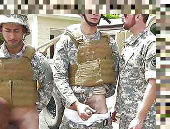 Army studs swap blowjobs before outdoor interracial