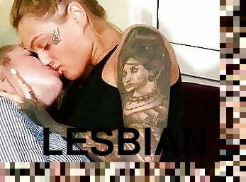 lésbicas, casting, a-três, beijando, loira, anjo, bisexual, morena, tatuagem