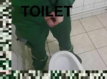 factory worker pissing and jerking off in the toilet