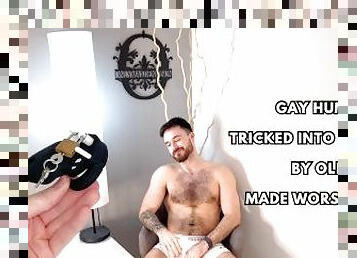 Gay humiliation - tricked into chastity by old bully & made worship cock