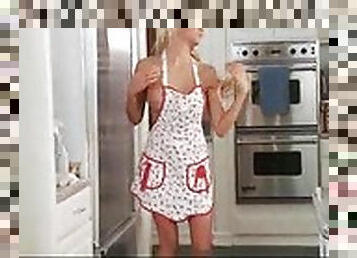 Hot blonde stripping from her apron