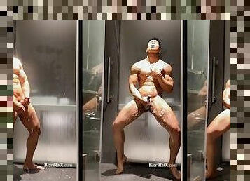 asian, mandi, awam, homoseksual, merangkap, berahi, mandi-shower, solo, berotot, gym