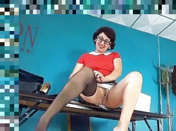 Slutty secretary without panties tries on pantyhose on her desk