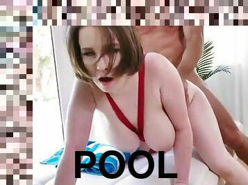 Chubby girl in red tights fucks boy by the pool