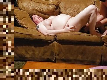 Wound up horny BBW has LOUD double penetration orgasm on comfy basement couch