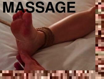 Rope bound woman gets her beautiful feet tickled, and rubbed. Then her pussy gets massaged till "O