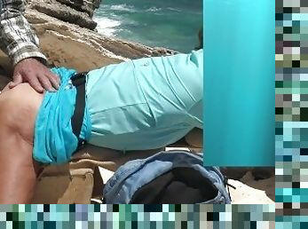 Outdoors on a cliff sex, with tied up Cock, and separated Balls.