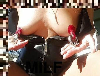 Nippleringlover Horny Milf Outdoors In Black Dress Inserting Big Rings In Painted Red Huge Pierced Nipples