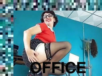 Slutty secretary without panties tries on pantyhose at the workplace