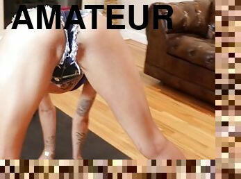 amatőr, csizmás, szűk-punci, popsik, tökéletes, hajlékony, lábak, edzés