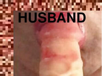 Sissy husband wearing red lipstick sucking a dildo