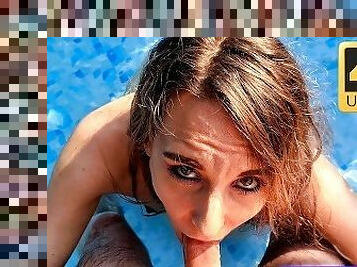 Blonde slut giving a sloppy blowjob in the pool and takes a big load in her mouth 4K cum in mouth