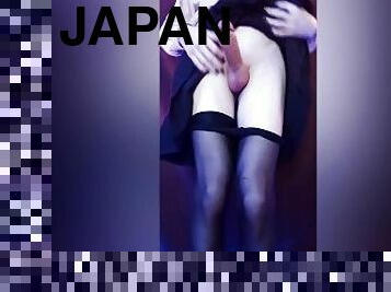 Transgender schoolgirl jerking off in Japanese uniform