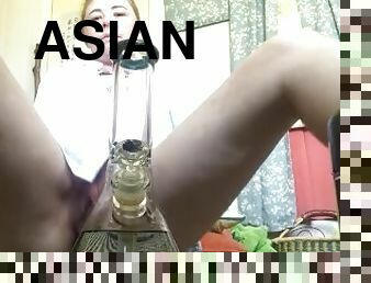 asiático, masturbação, cona-pussy, amador, dedos, meias-calças, engraçado, sozinho, fumando