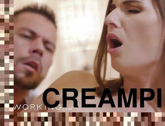 stor-pikk, milf, deepthroat, creampie, strømper-stockings, cum, gift, brunette