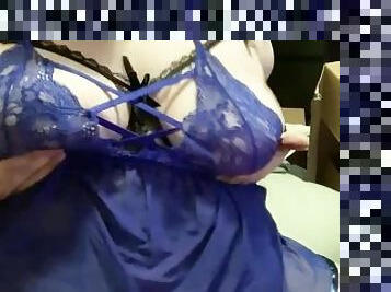 Chubby trans playing with tits