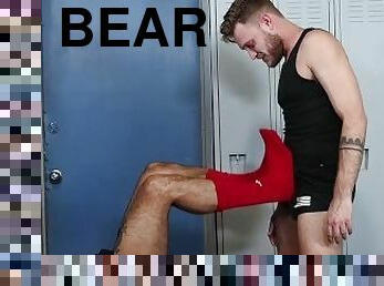 Bearded stud foot worshiped before his buddy foot fucks him