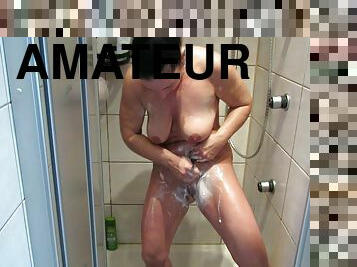 baignade, gros-nichons, amateur, milf, maison, douche, solo