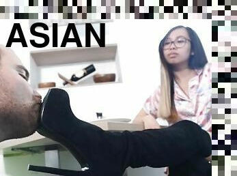 Asian teacher boots and feet worship humiliation (boot worship, teen femdom, foot fetish, sexy feet)