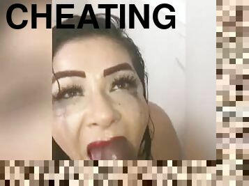 Cheating slut almost gets caught sucking big bbc in shower beside her white boyfriend